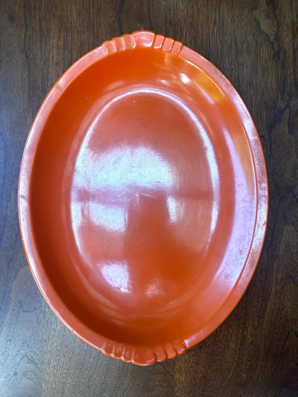 Vintage late ‘30s Paden City Pottery Caliente platter in orange, 14”.